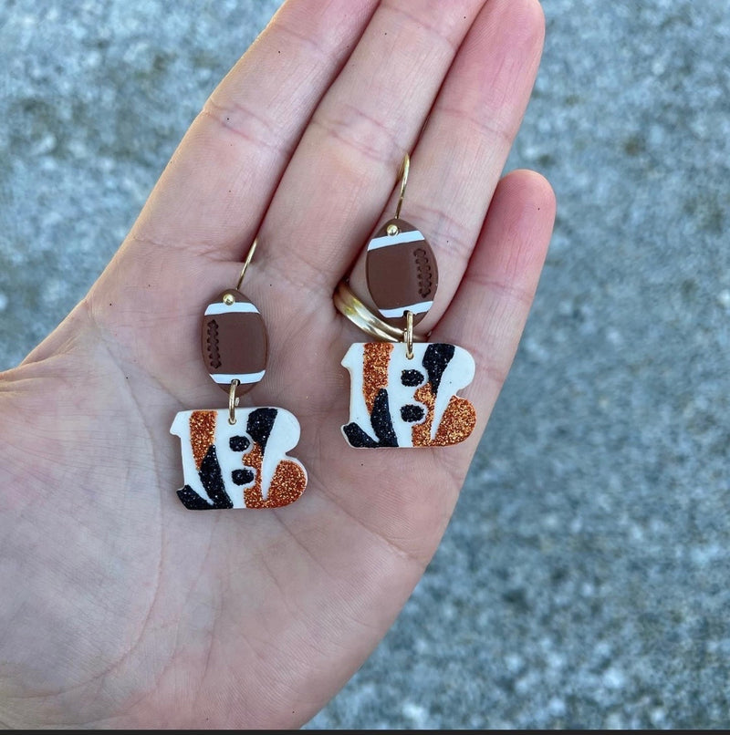Handmade Cincinnati Football Bengal Tiger Dangle Earrings--Lemons and Limes Boutique