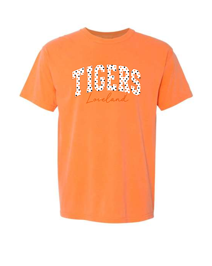 Polka Dot Tigers on Comfort Colors Melon Garment Dyed Tee
