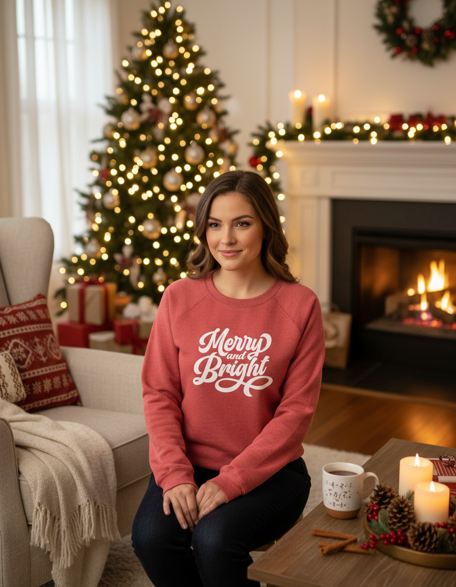 Merry and Bright on Heathered Red Spongefleece Crewneck-Lemons and Limes Boutique
