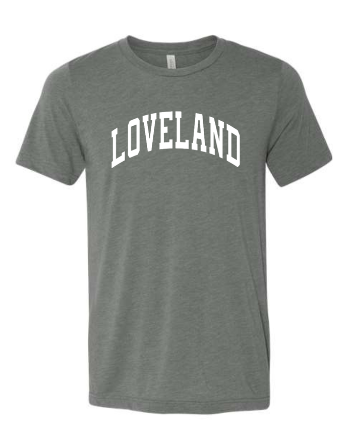 Loveland White Curved Block T-Shirt on Deep Heather