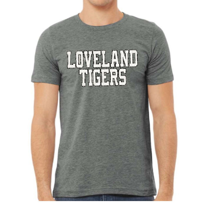 Loveland Tigers Distressed T-Shirt on Deep Heather Gray--Lemons and Limes Boutique