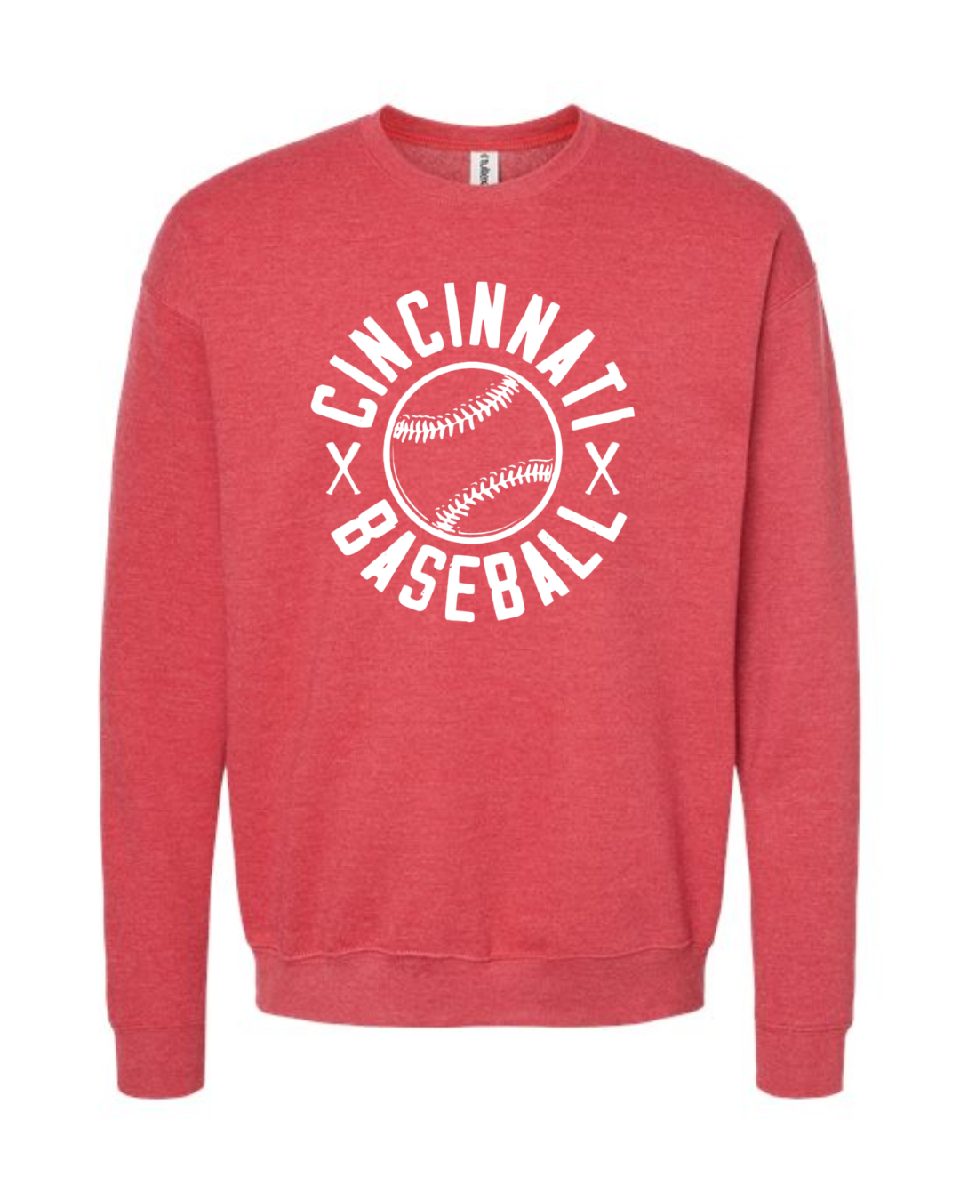 Cincinnati Baseball on Heathered Red Crewneck - Unisex-Lemons and Limes Boutique