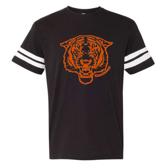 Cincinnati Fierce Tiger Football Tee- Black with Striped Sleeves--Lemons and Limes Boutique