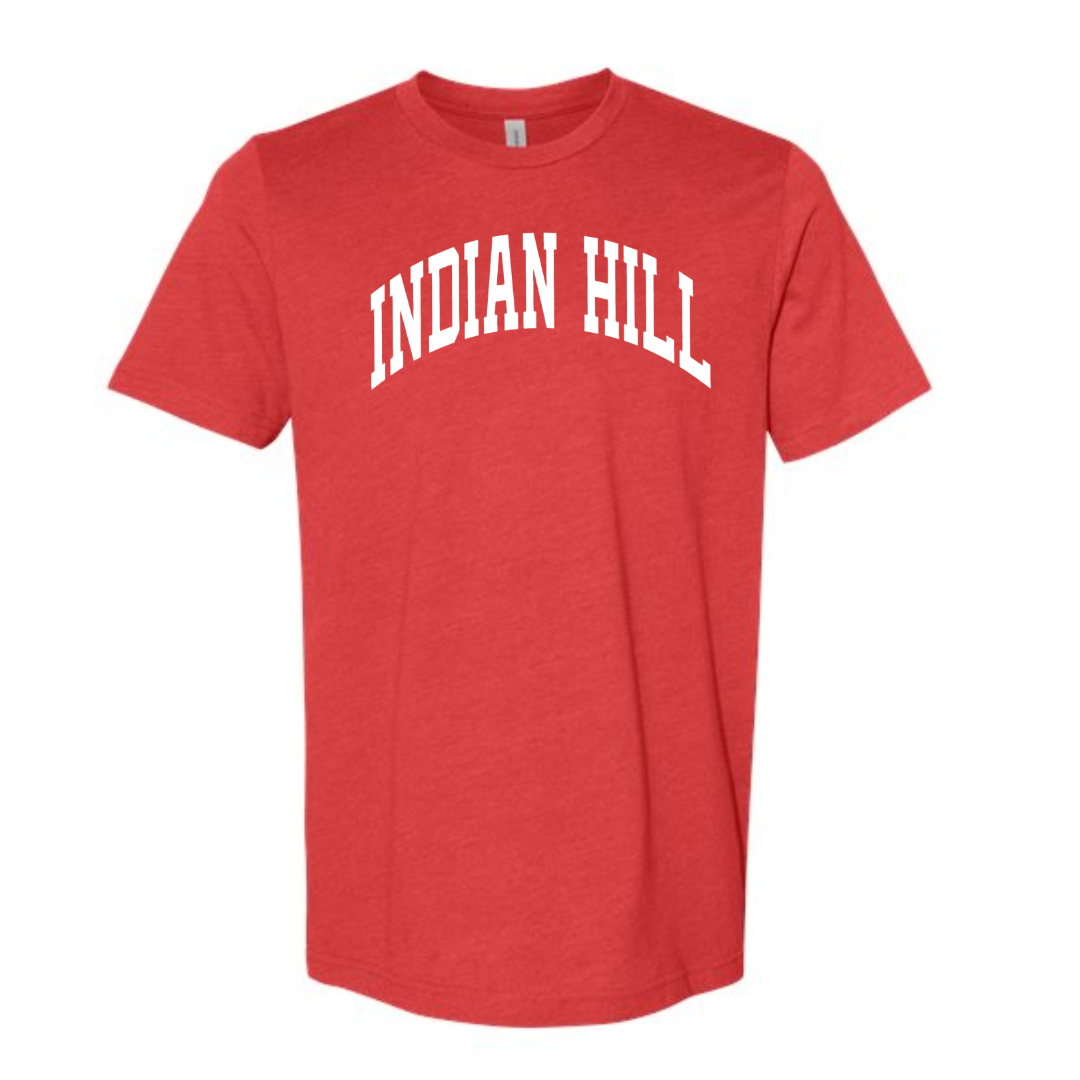 Curved Indian Hill White T-shirt on Heather Red-YOUTH