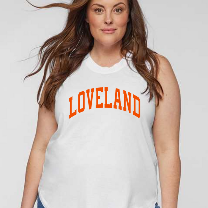 Curved Orange Loveland on White Crew Neck Tank Top- Curvy--Lemons and Limes Boutique