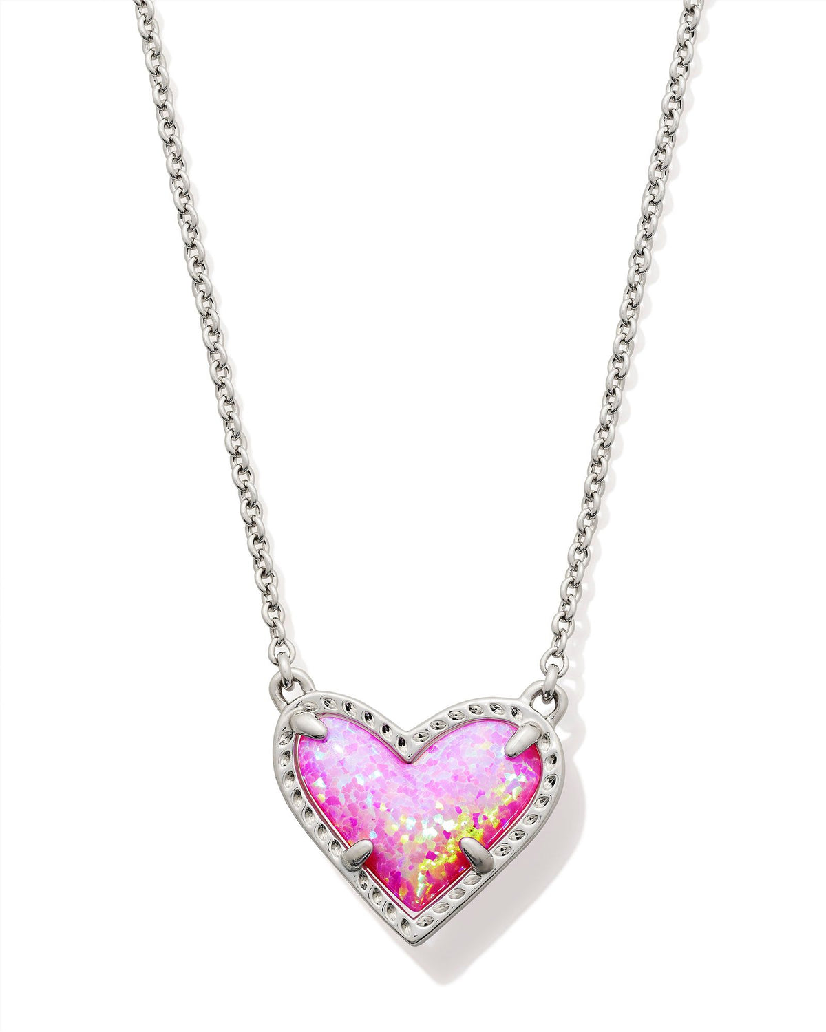 Ari Heart Short Pendant Necklace in Rhodium Bubblegum Pink Opal by Kendra Scott-NECKLACES-Lemons and Limes Boutique