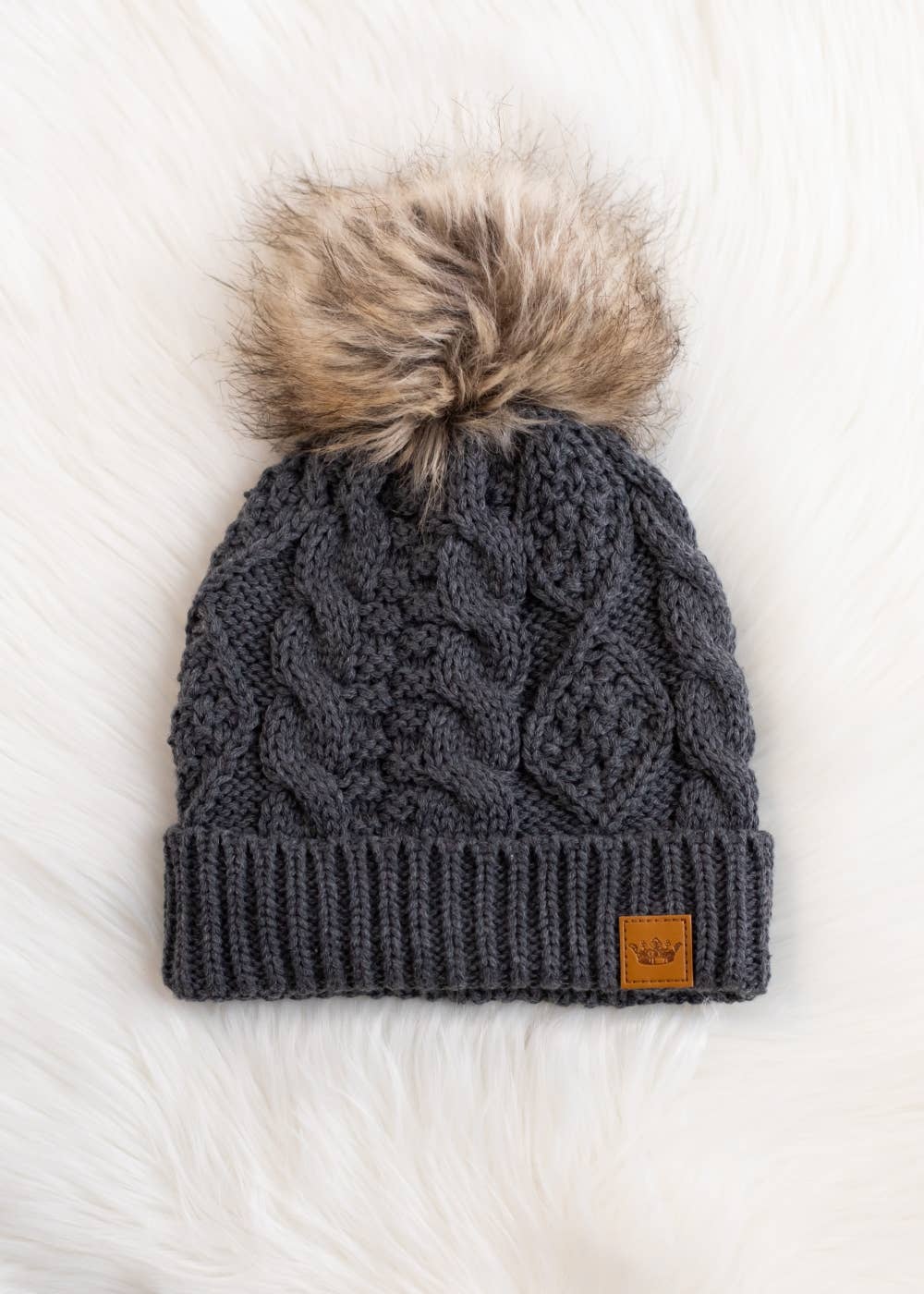 Dark Gray Cable Knit Pom Hat-Lemons and Limes Boutique