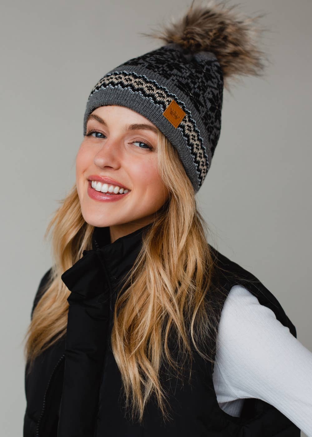 Gray, Black & Tan Patterned Pom Hat-Lemons and Limes Boutique