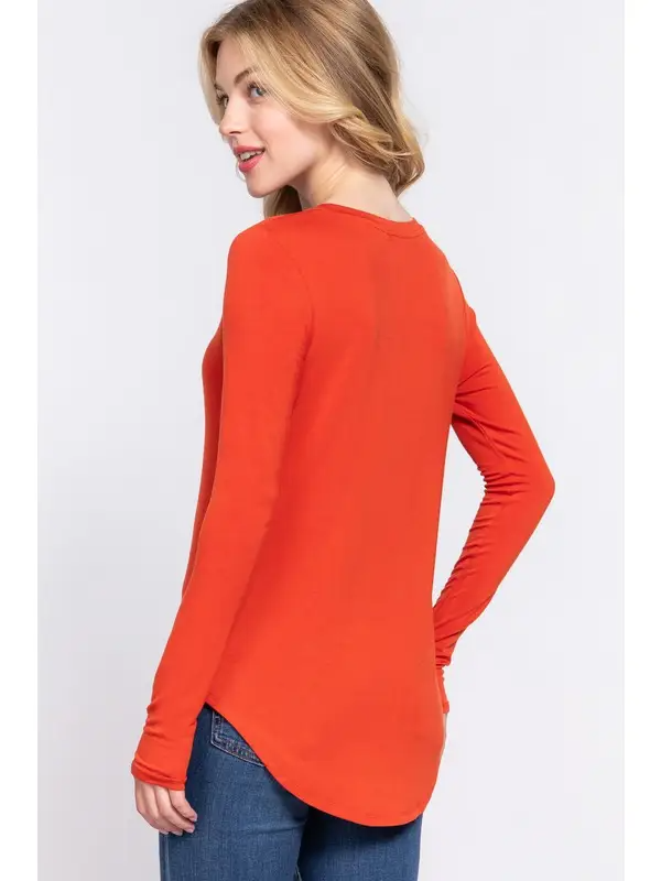 Long Sleeve V-Neck Rayon Spandex Jersey Top in Burnt Rust-Lemons and Limes Boutique