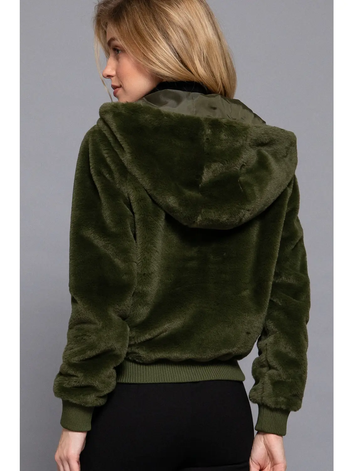 Long Sleeve Zip Up with Hoodie Faux Fur Jacket in Olive Green-Lemons and Limes Boutique