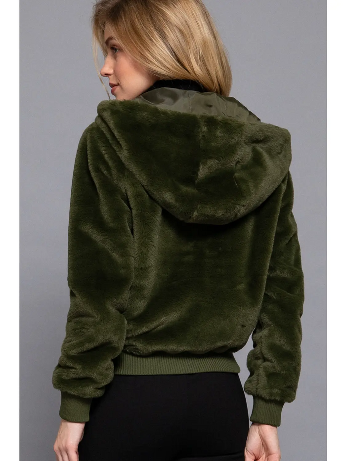 Long Sleeve Zip Up with Hoodie Faux Fur Jacket in Olive Green-Lemons and Limes Boutique