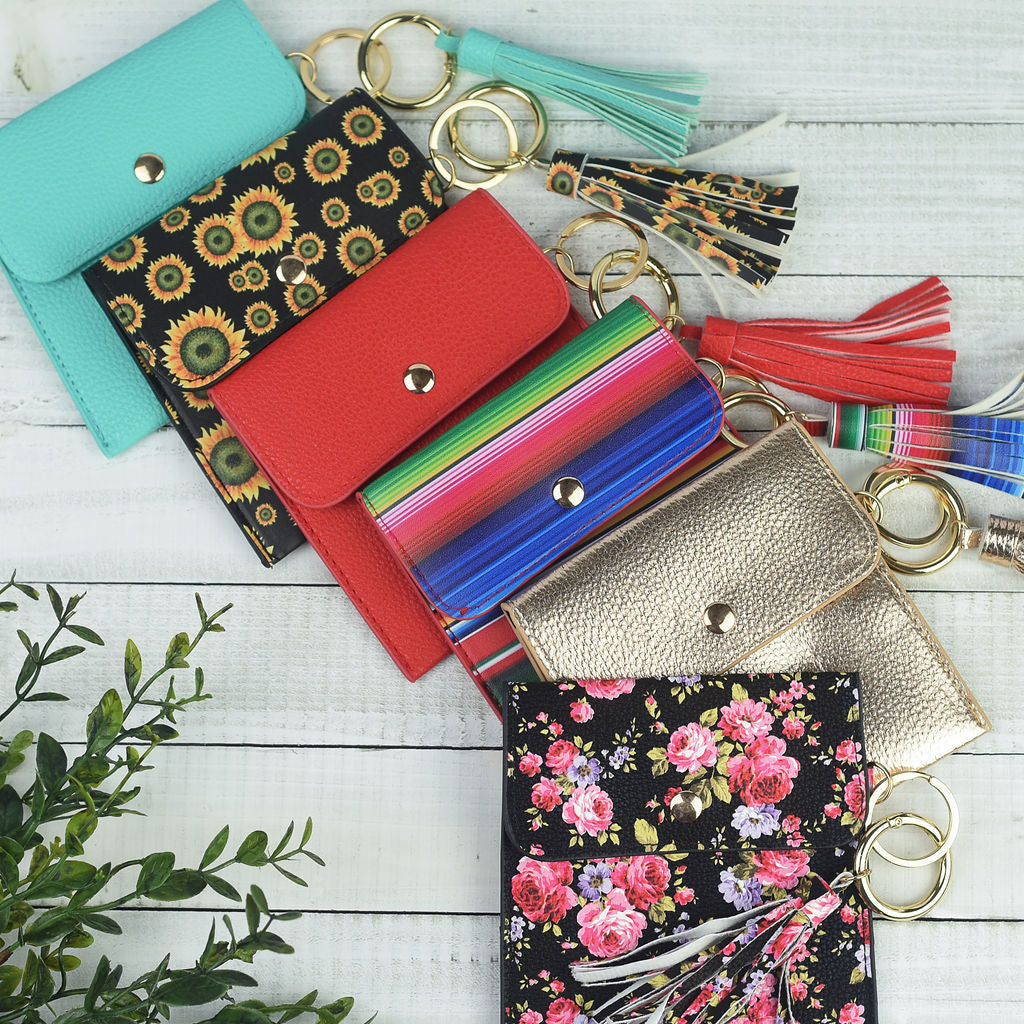 Ella Pouch and Keyring with Tassel-Black Pink Floral--Lemons and Limes Boutique