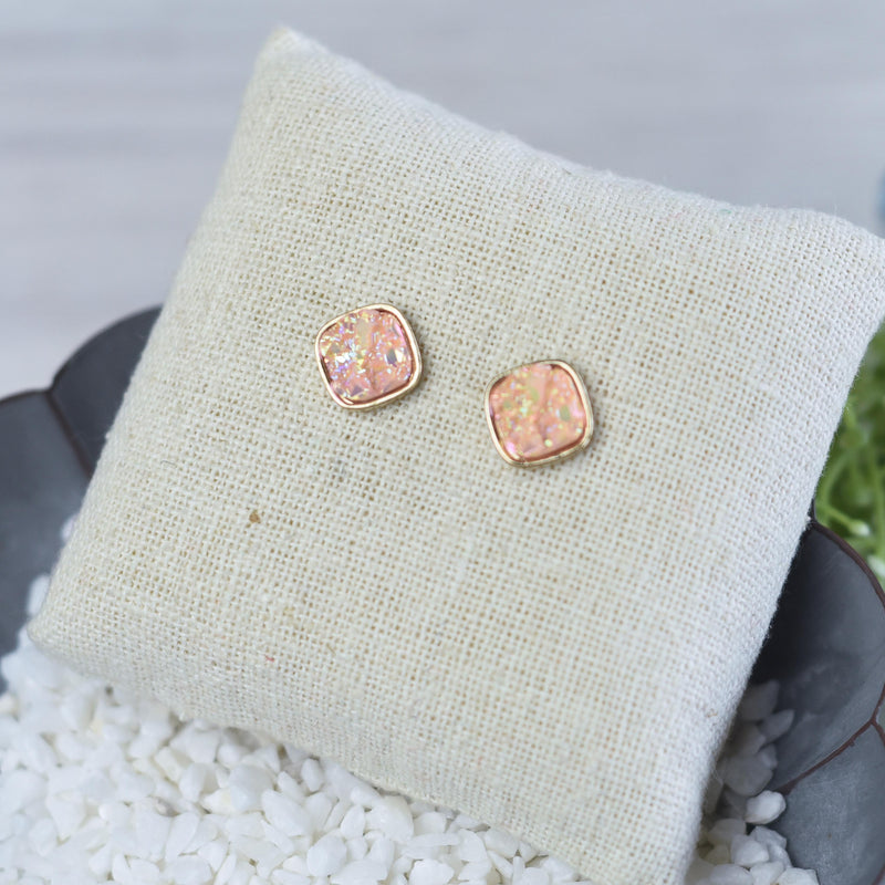 Raw Square Cut Shimmer Druzy Stud Earrings-Blush-Lemons and Limes Boutique