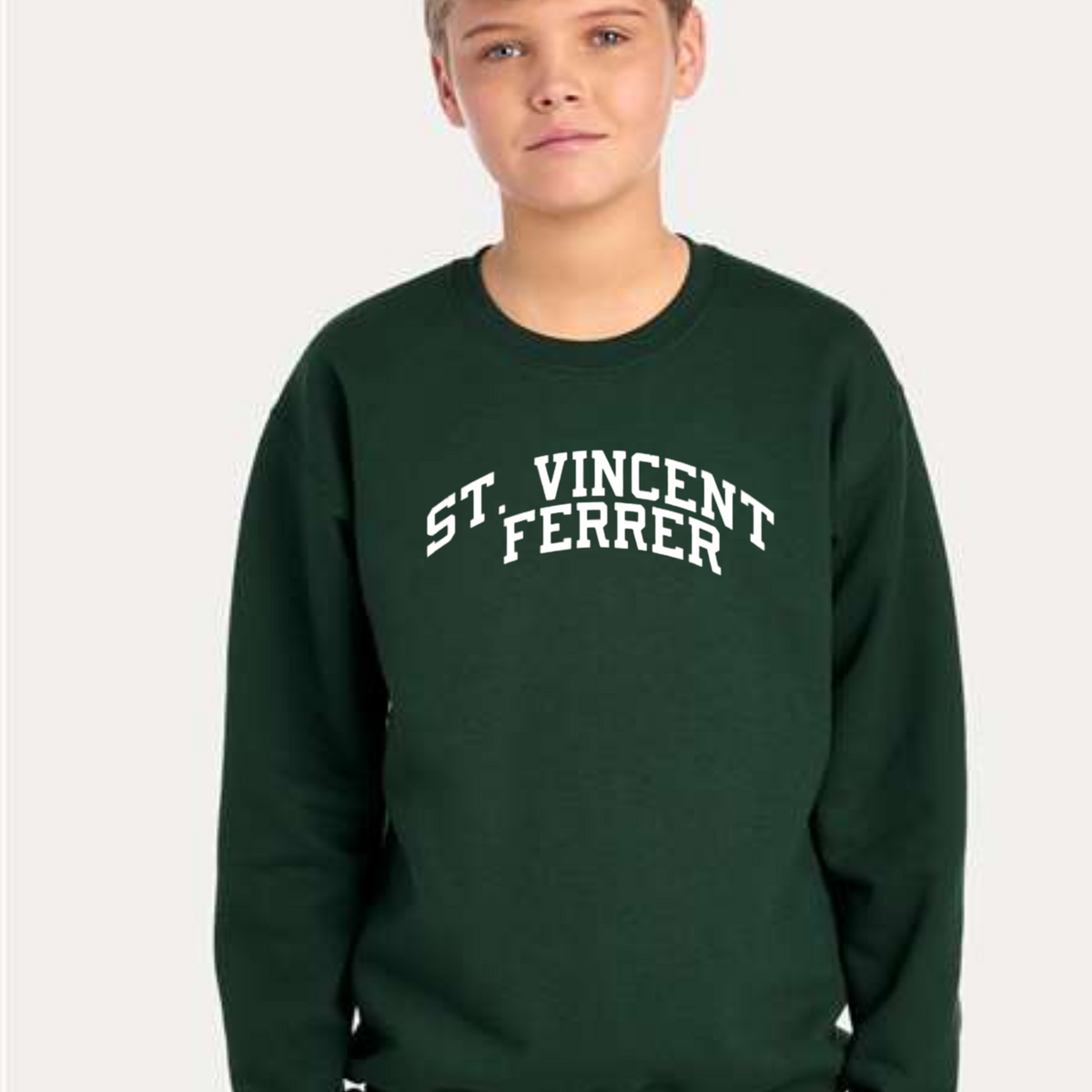 St. Vincent Ferrer White Curved Block Crewneck: Youth and Adult-Forest Green-Youth Small-Lemons and Limes Boutique