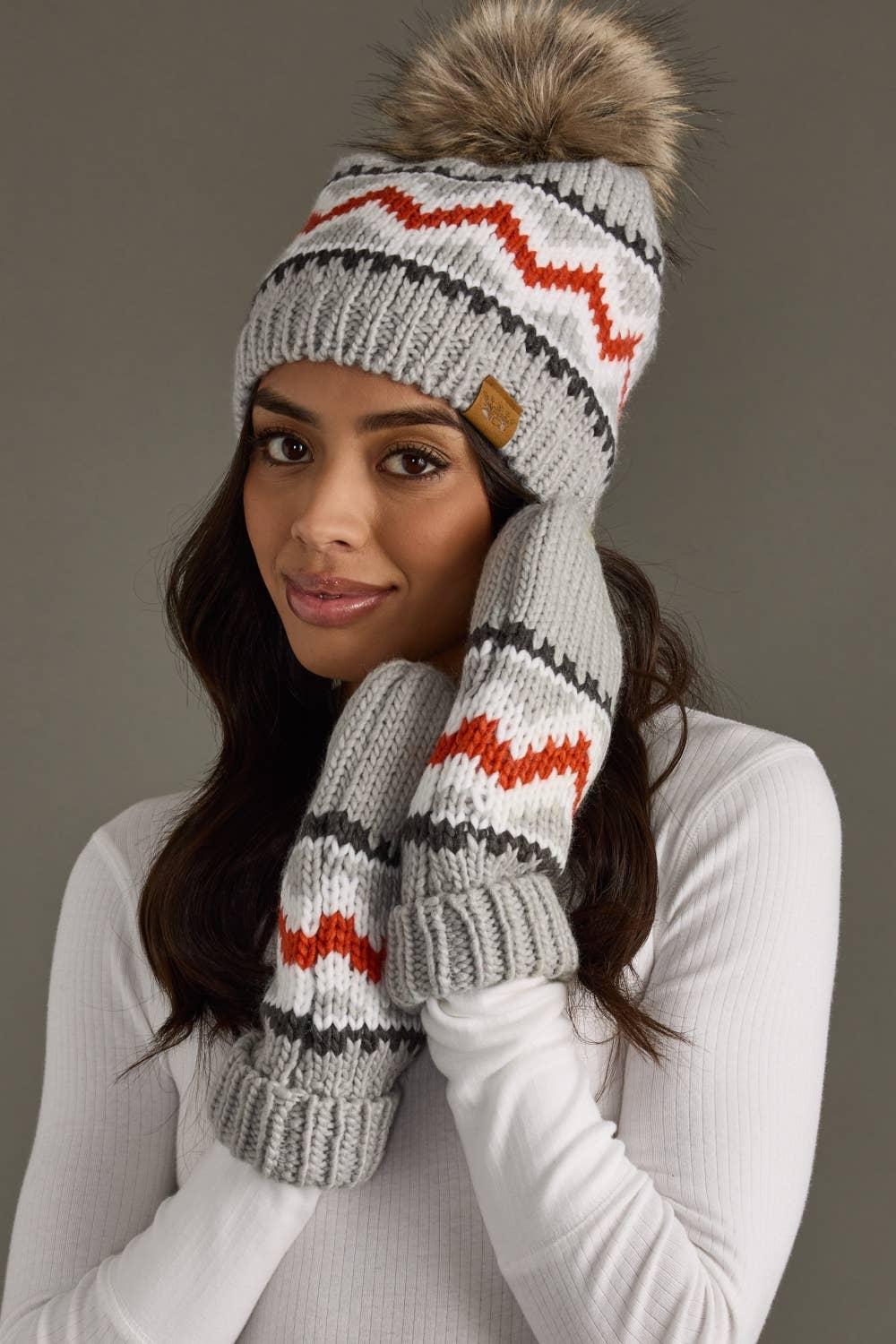 Gray, Red & White Patterned Pom Hat-Lemons and Limes Boutique