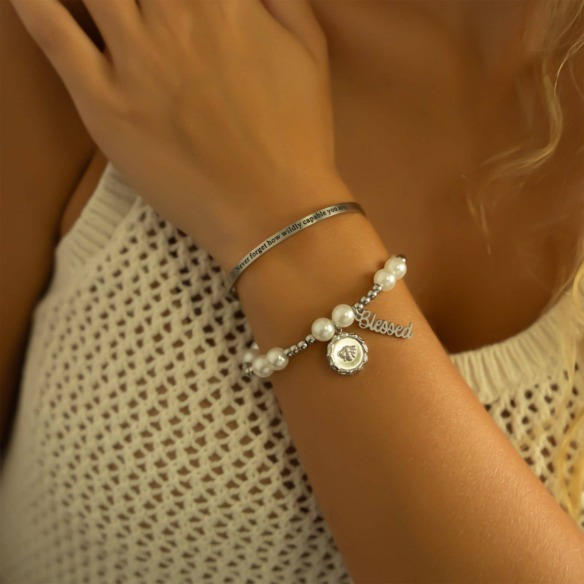 18K Gold PVD 8mm Kiska Glass Pearl Stretch Bracelet