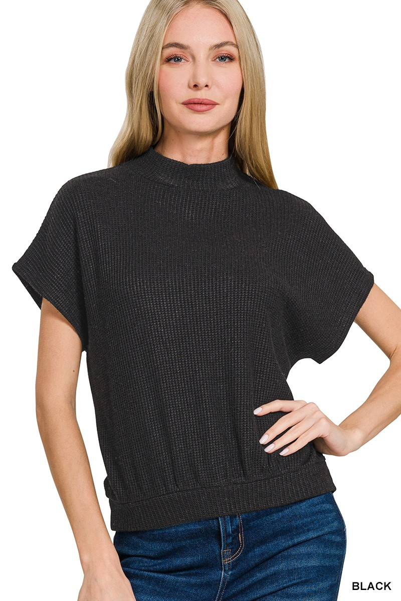 Mock Neck Short Sleeve Sweater in Black-Lemons and Limes Boutique