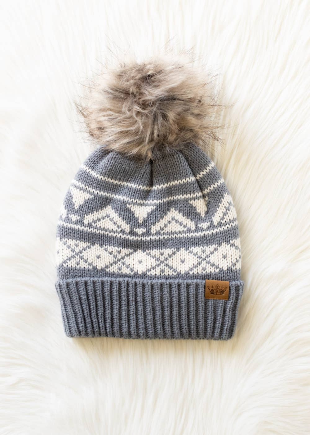 Gray & Cream Patterned Pom Hat-Lemons and Limes Boutique