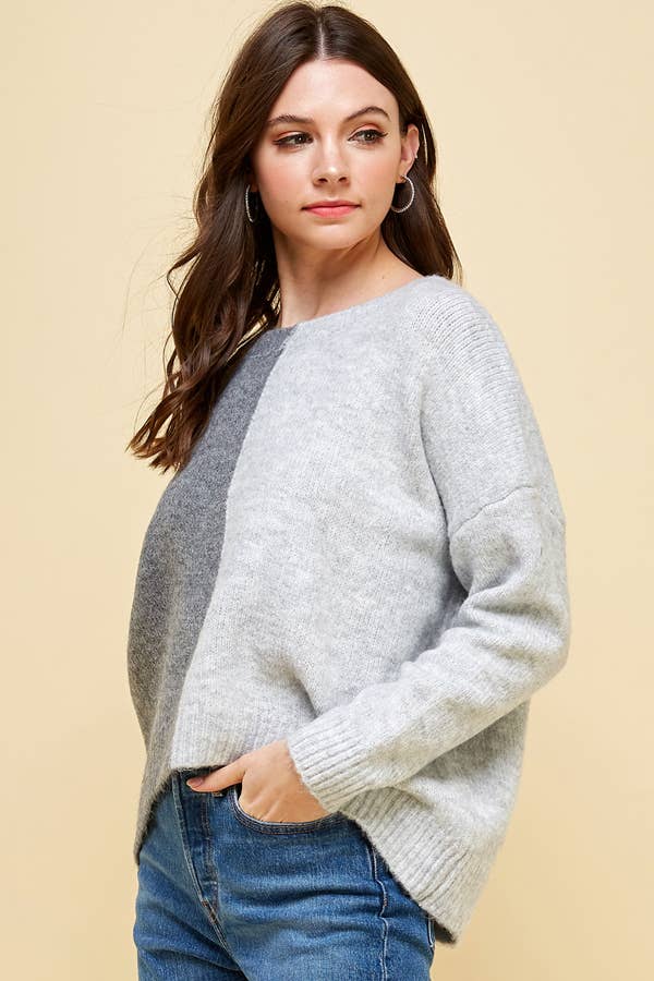 Split Colorblock Sweater in Grey Multi--Lemons and Limes Boutique