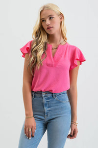 Lace Edge Split Neckline Woven Top in Fuchsia--Lemons and Limes Boutique