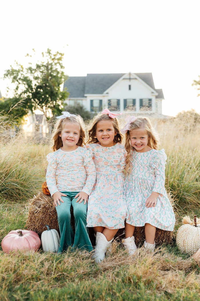 Pumpkin Kisses, Harvest Wishes 3/4 Sleeve Ruffle Twirl Dress-Twirl Ruffle Dress 3/4-Lemons and Limes Boutique