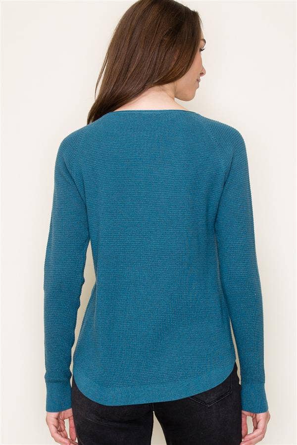 Crew Neck Long Raglan Sleeve Mini Waffle Pullover Sweater in Teal--Lemons and Limes Boutique