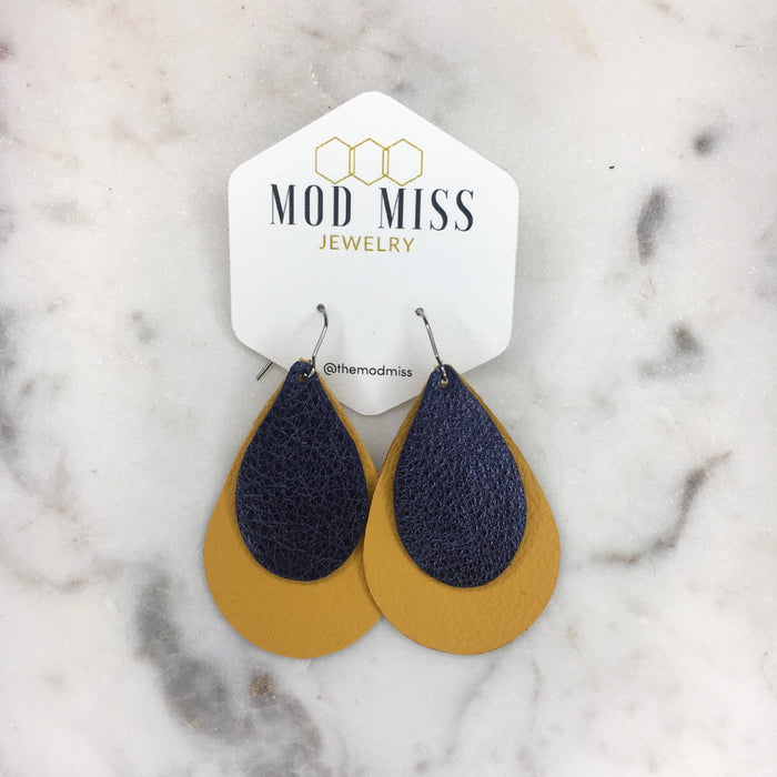 Leather Stacked Teardrop Earring in Yellow and Metallic Navy 2 Inch-Lemons and Limes Boutique