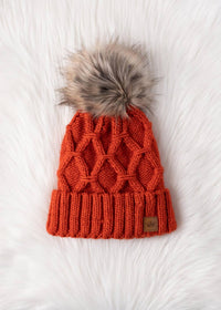 Terracotta Diamond Cable Knit Pom Hat-Lemons and Limes Boutique