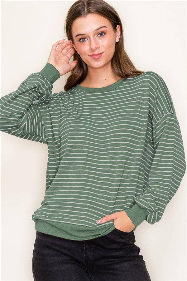 Super Soft Terry Striped Round Neck Long Sleeve Top in Hunter Green--Lemons and Limes Boutique