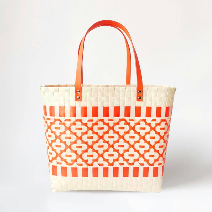 Quatrefoil Patterned Basket Weave Tote/Shoulder Bag in Orange-Lemons and Limes Boutique