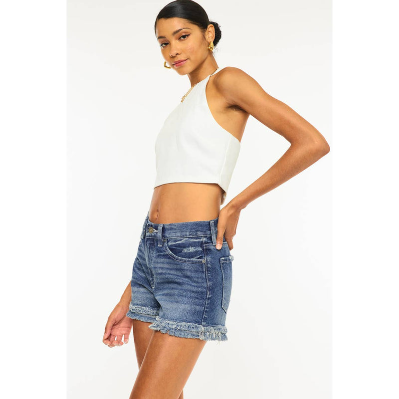 Sasha High Rise Fray Hem Denim Shorts In Medium Stone Wash Kan Can USA--Lemons and Limes Boutique