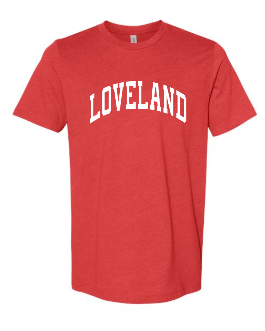 Loveland White Curved Block T-Shirt on Heather Red