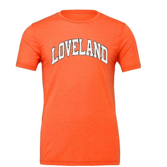 Loveland Curved Distressed T-Shirt on Heather Orange--Lemons and Limes Boutique