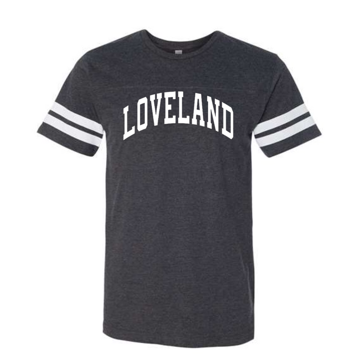 White Curved Loveland on Charcoal Grey Football Tee- Unisex--Lemons and Limes Boutique