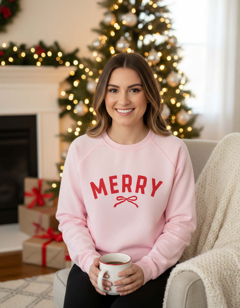 Merry Bow on Pink Spongefleece Crewneck-Lemons and Limes Boutique