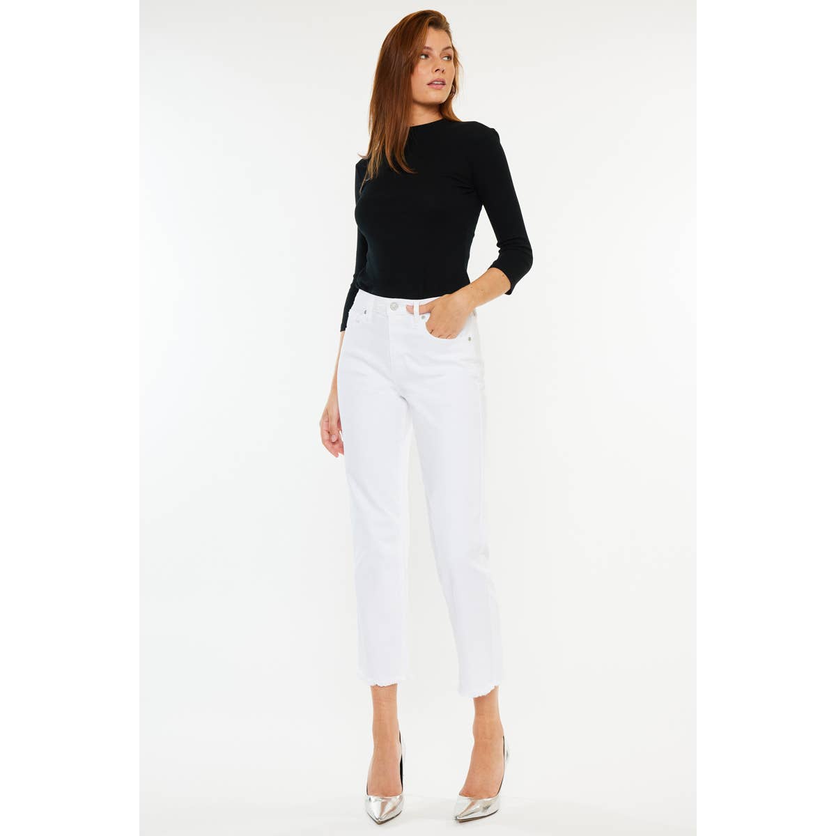 Zahara High Rise Cropped Straight Leg Jeans in White by Kan Can USA-Lemons and Limes Boutique
