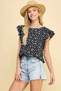 Animal Printed Top with Double Ruffled Short Sleeves in Black--Lemons and Limes Boutique