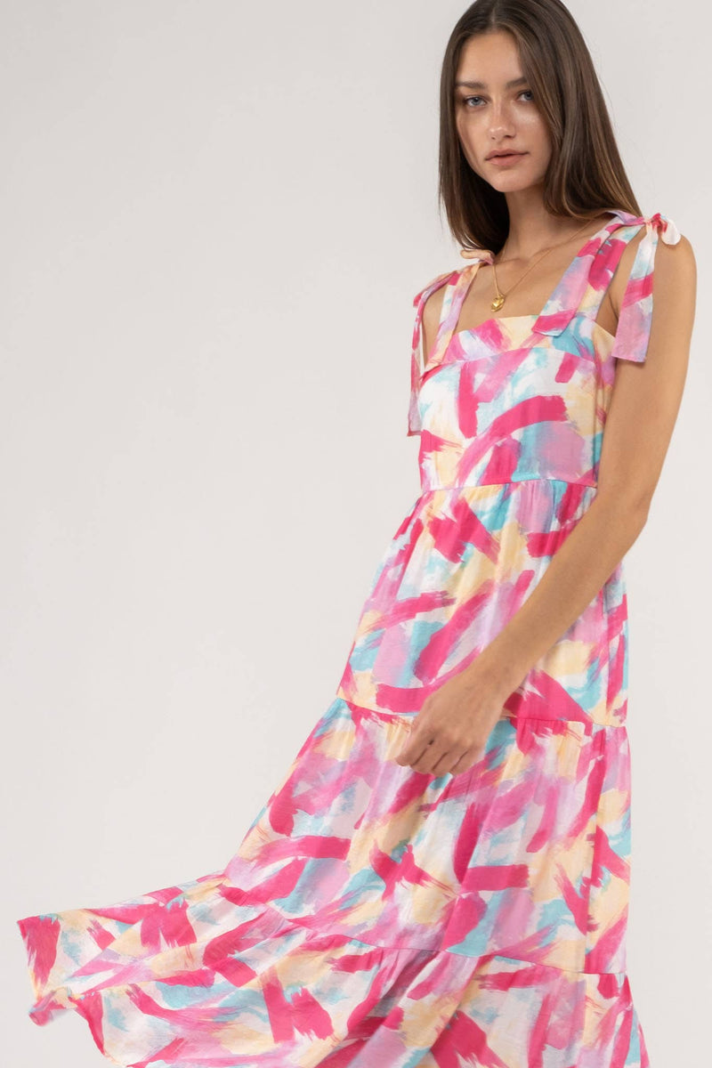 Brush Stroke Print Tiered Midi Dress in Fuchsia Multi--Lemons and Limes Boutique