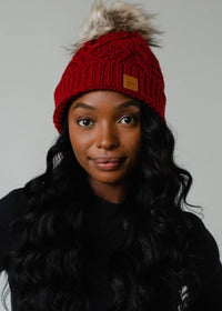 Dark Red Cable Knit Pom Hat-Lemons and Limes Boutique