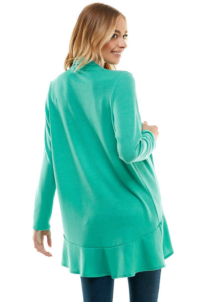 Women's Long Sleeves Ruffle Hacci Cardigan in Mint--Lemons and Limes Boutique