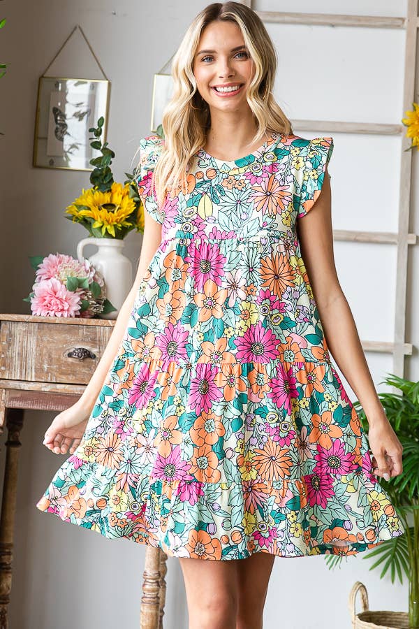 Floral Print Mini Dress in Fuchsia/Green--Lemons and Limes Boutique