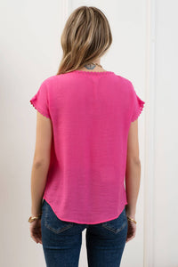 Floral Embroidery Scallop Lace Trim Blouse in Fuchsia--Lemons and Limes Boutique