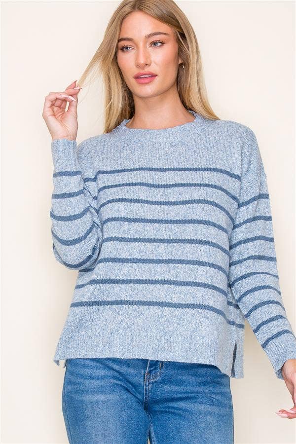 Striped Crew Neck Pullover Sweater with Side Slits in Denim--Lemons and Limes Boutique