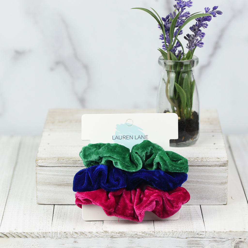 Velour Hair Scrunch Set in Kelly Green, Blue, Hot Pink-Lemons and Limes Boutique