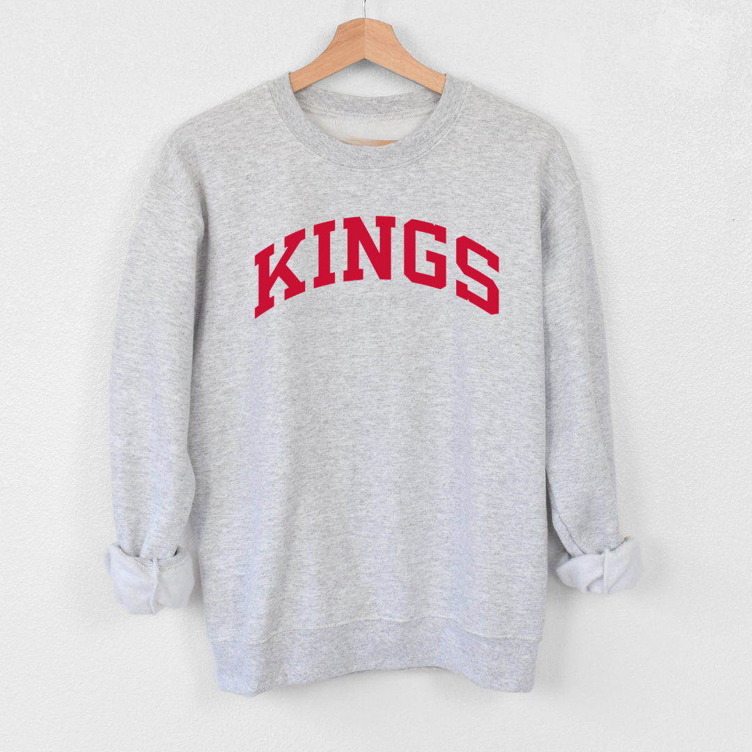 Red Curved Kings on Athletic Grey Crew--Lemons and Limes Boutique