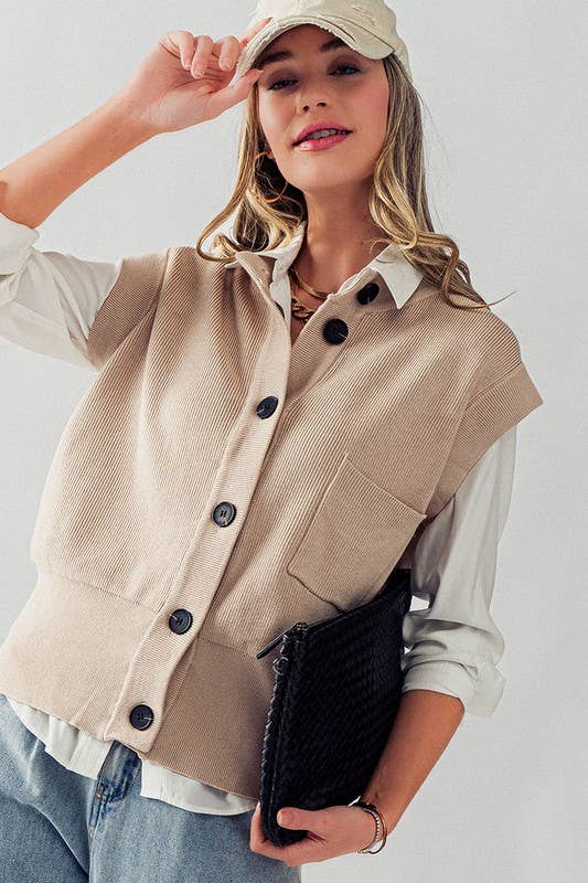 Relaxed Fit Oversized Button Knit Sweater Vest in Beige--Lemons and Limes Boutique