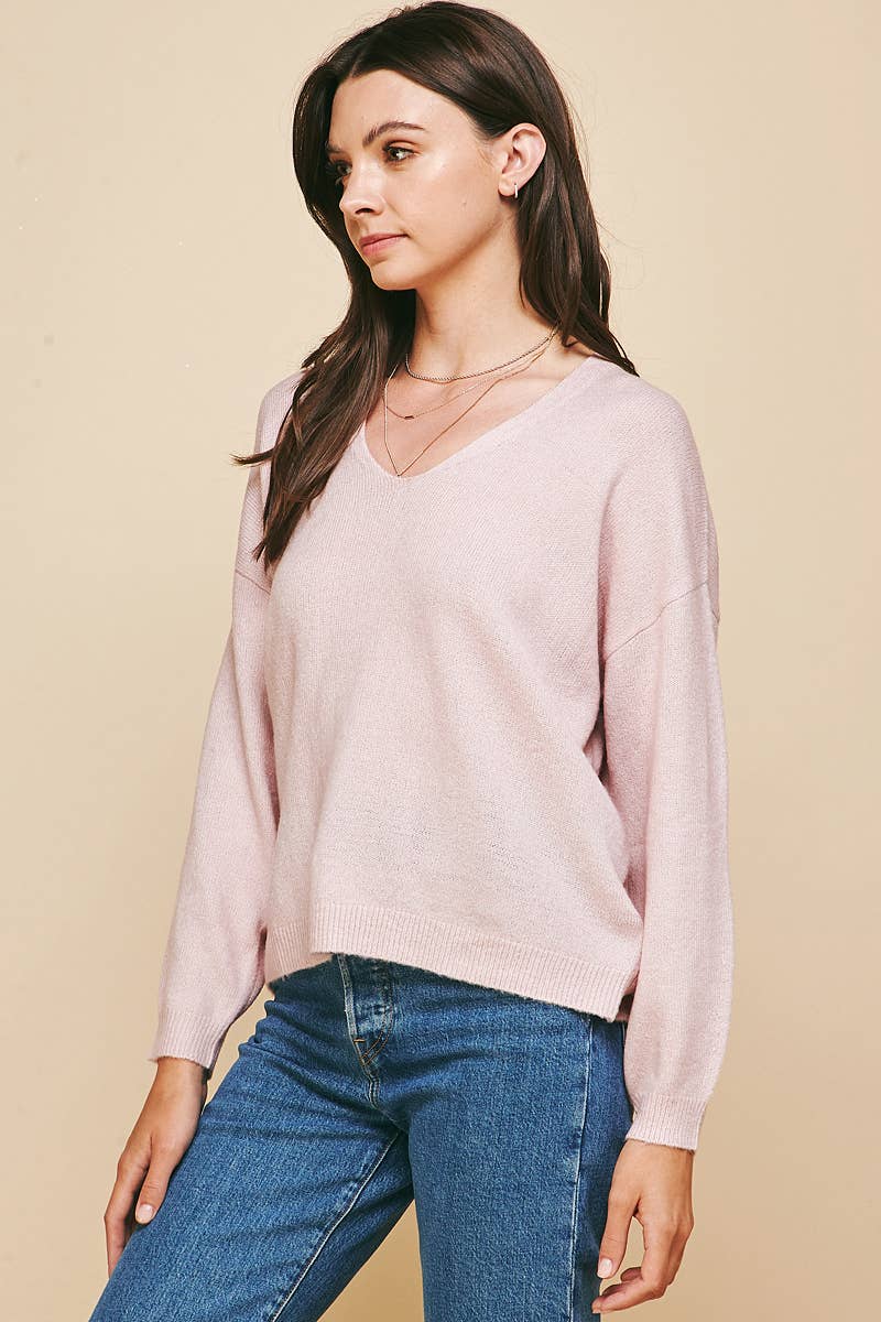 Deep Neck Long Sleeve Sweater in Pink-Lemons and Limes Boutique
