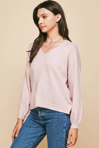 Deep Neck Long Sleeve Sweater in Pink-Lemons and Limes Boutique