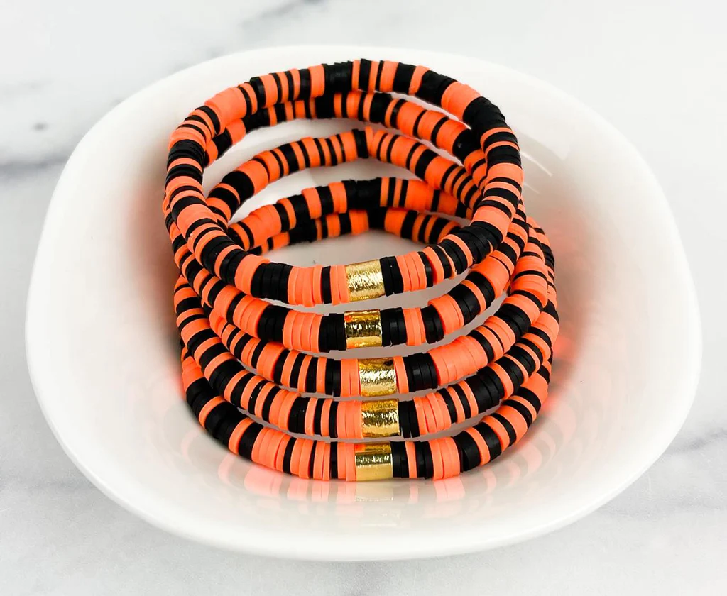 Heishi Small 6mm Color Pop Bracelet in Black and Orange with Gold Barrel--Lemons and Limes Boutique