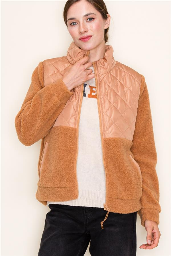 Mock Neck, Quilted Fleece Jacket in Camel-Lemons and Limes Boutique